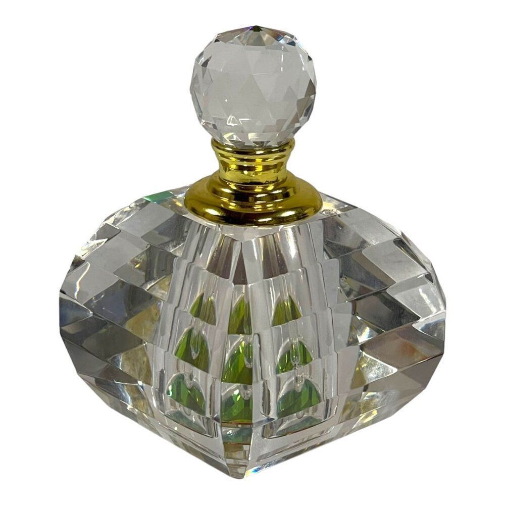 Vintage Crystal Perfume Bottle With Faceted Stopper & Gold Accents 3.5" Art Deco
